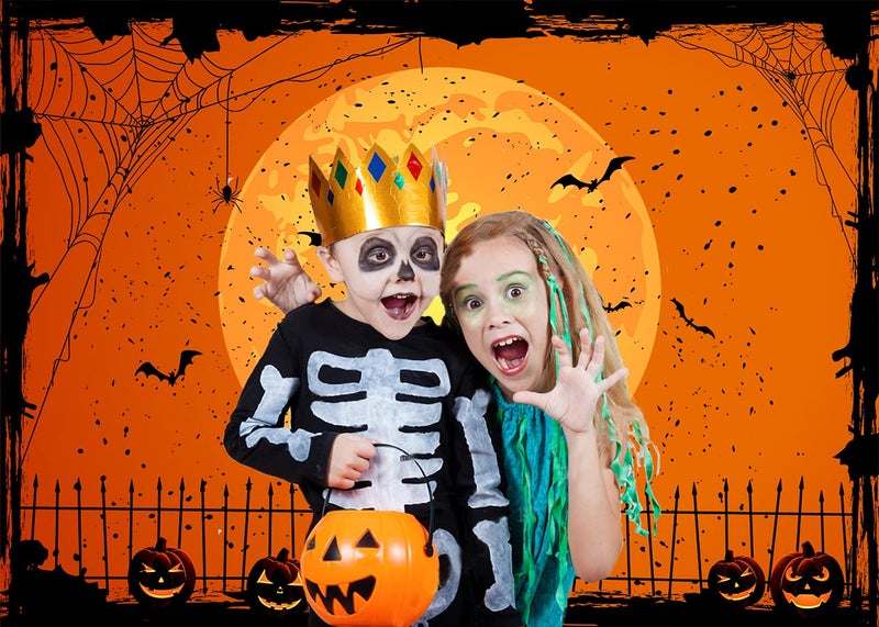 CYLYH 7x5ft Happy Halloween Orange Backdrop Halloween Eve BackdropHalloween Party Lantern Moon Bat Spider Web Graveyard Fence Photography Background Party Decorations - Image 4